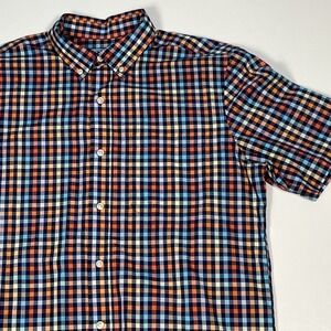Saddlebred Wrinkle Free Short Sleeve Shirt M Orange Blue Check Plaid Button Up